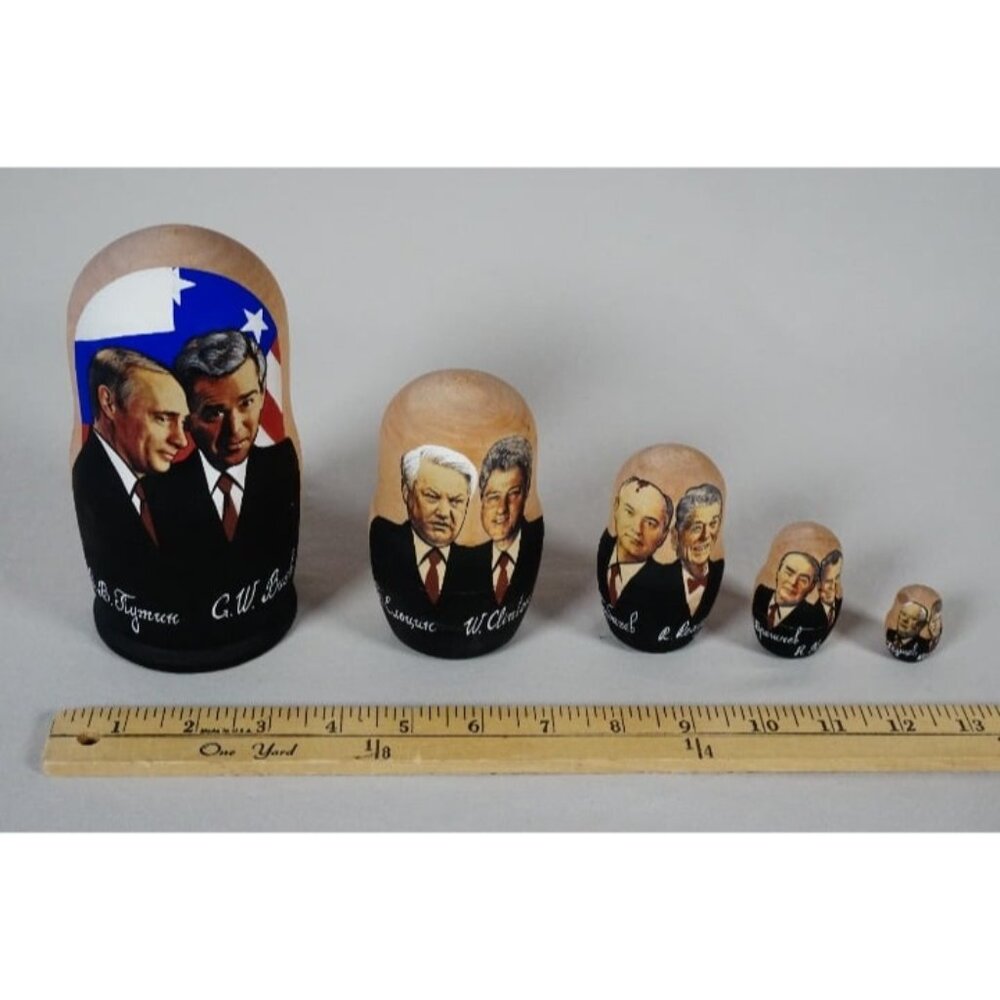 RARE Russian Hand Painted Matroesjka Nesting Dolls USA USSR 5 Piece Set